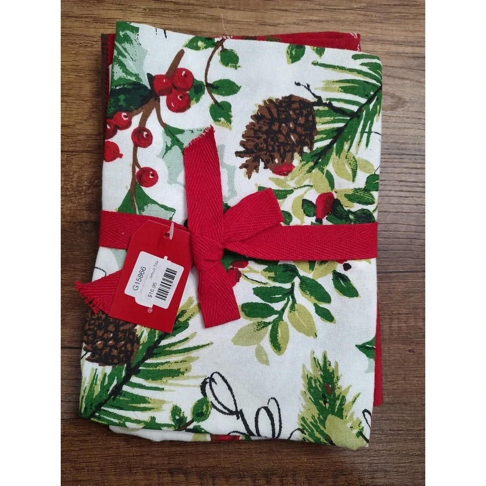 TAG Christmas Stripe Dishtowel Set of 2, 18x26 New Made in India Pinecones A19